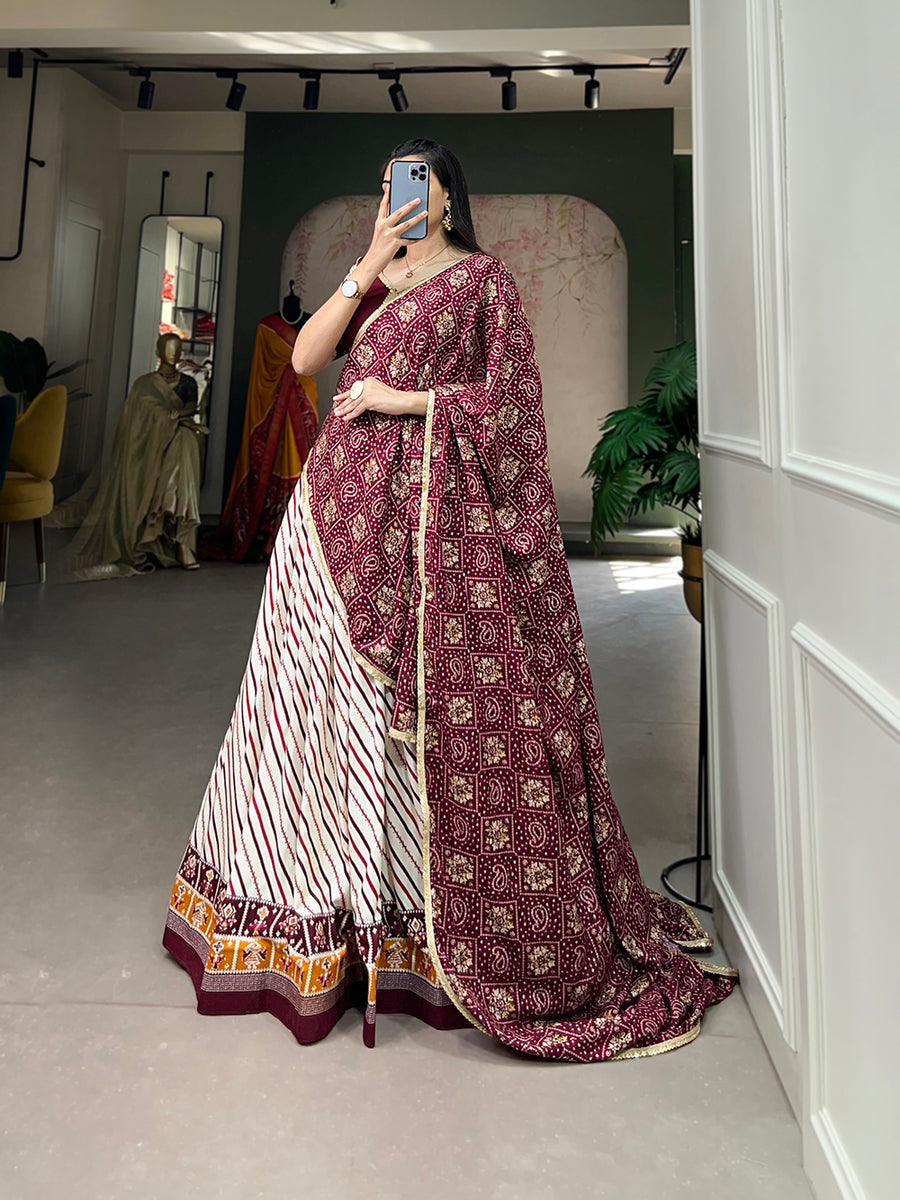 Wine Pure Cotton Lehenga Choli Set with Laheriya Print ClothsVilla