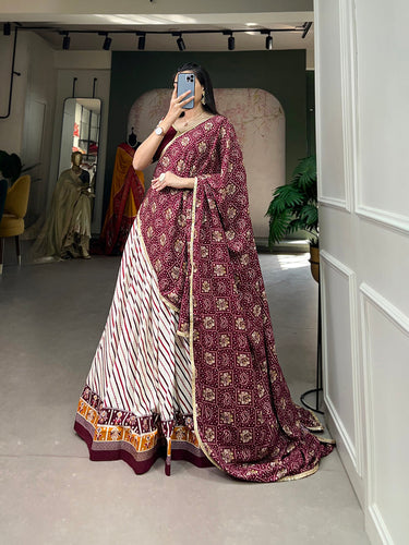 Wine Pure Cotton Lehenga Choli Set with Laheriya Print ClothsVilla