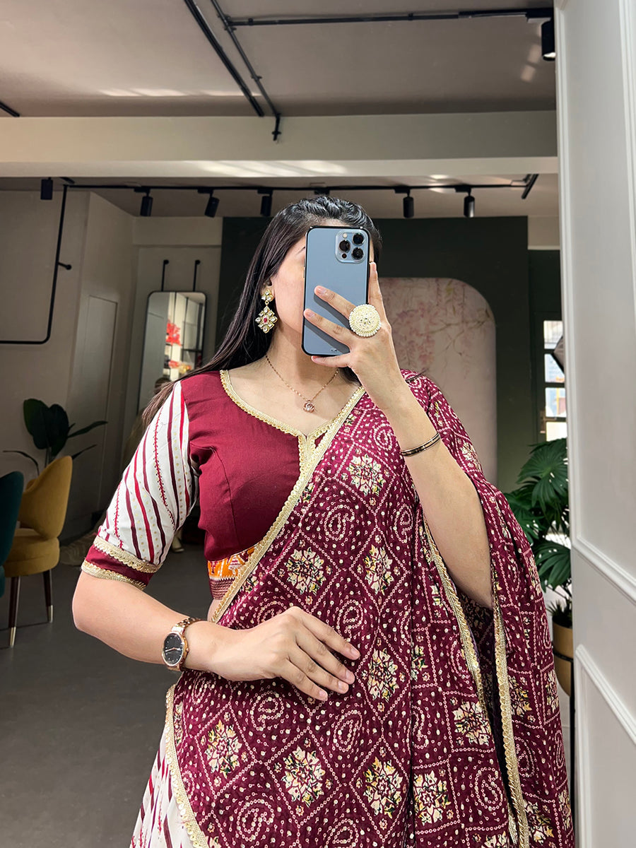 Wine Pure Cotton Lehenga Choli Set with Laheriya Print ClothsVilla