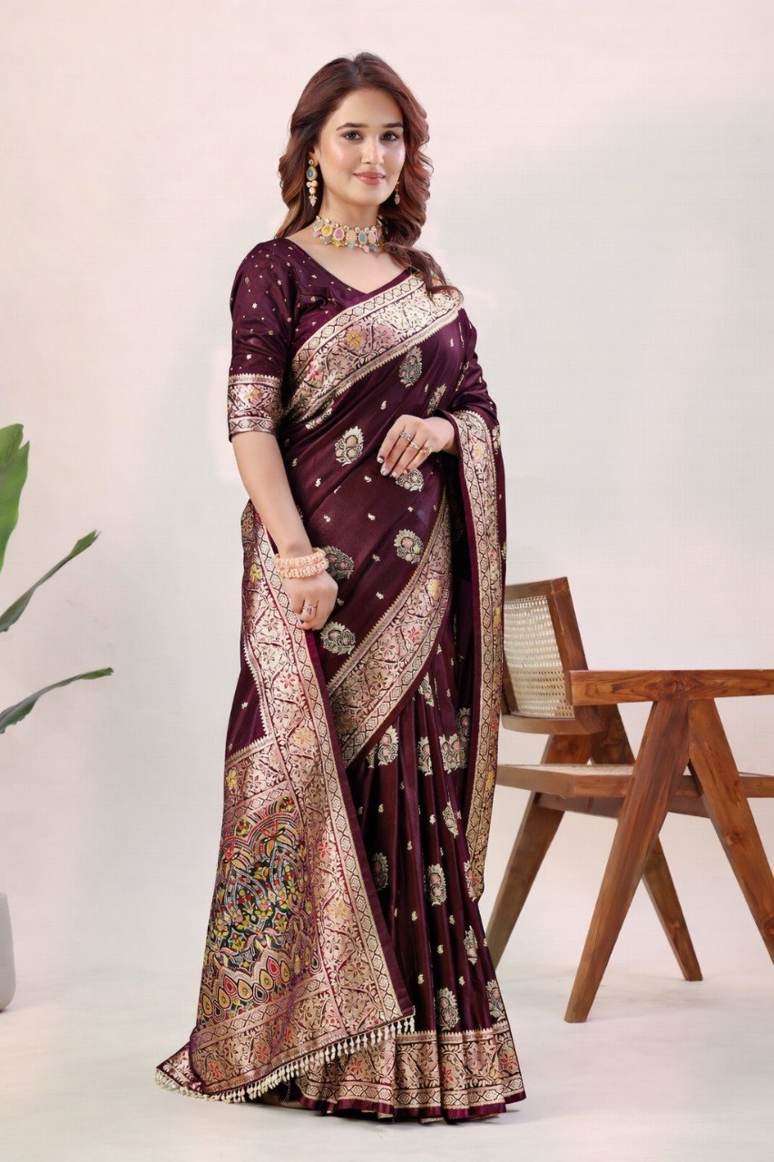 Wine Pure Nylon Satin Saree ClothsVilla