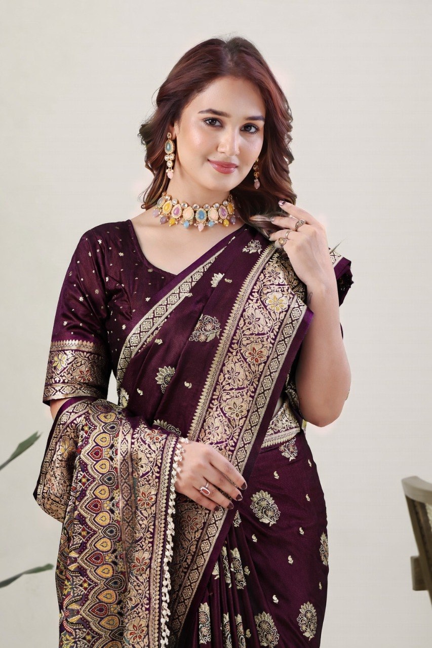 Wine Pure Nylon Satin Saree