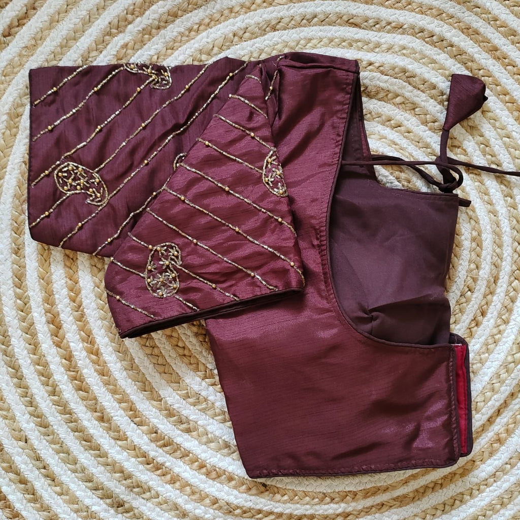 Wine Pure Silk Blouse with Handcrafted Sleeves and Back Opening ClothsVilla