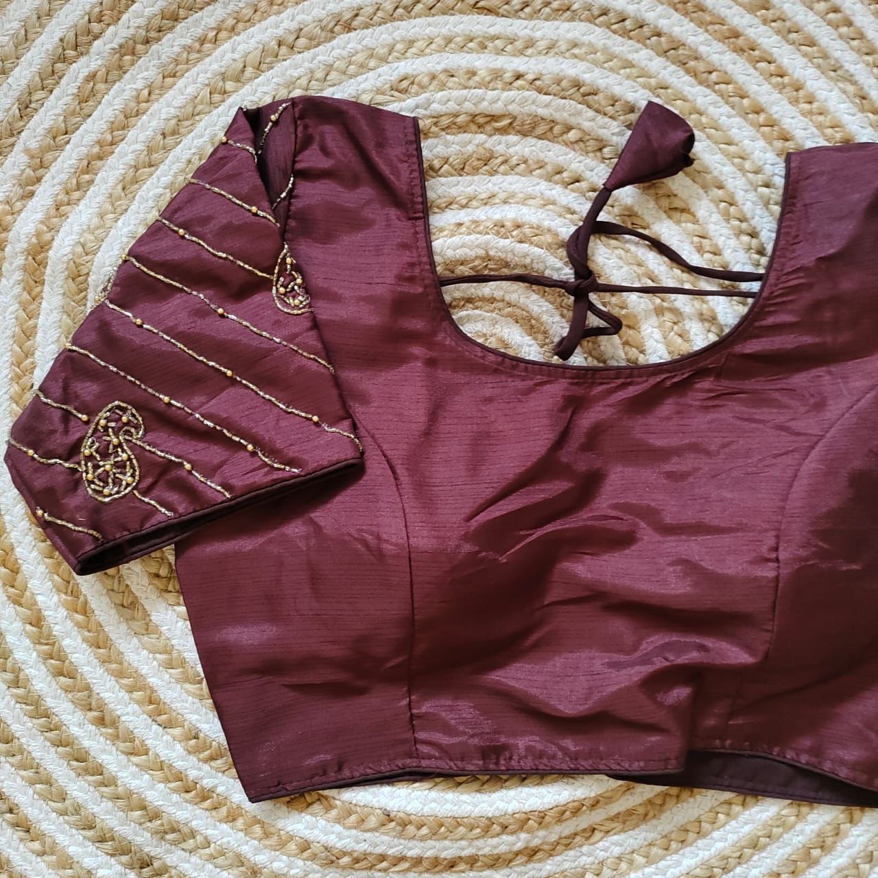 Wine Pure Silk Blouse with Handcrafted Sleeves and Back Opening ClothsVilla Main image