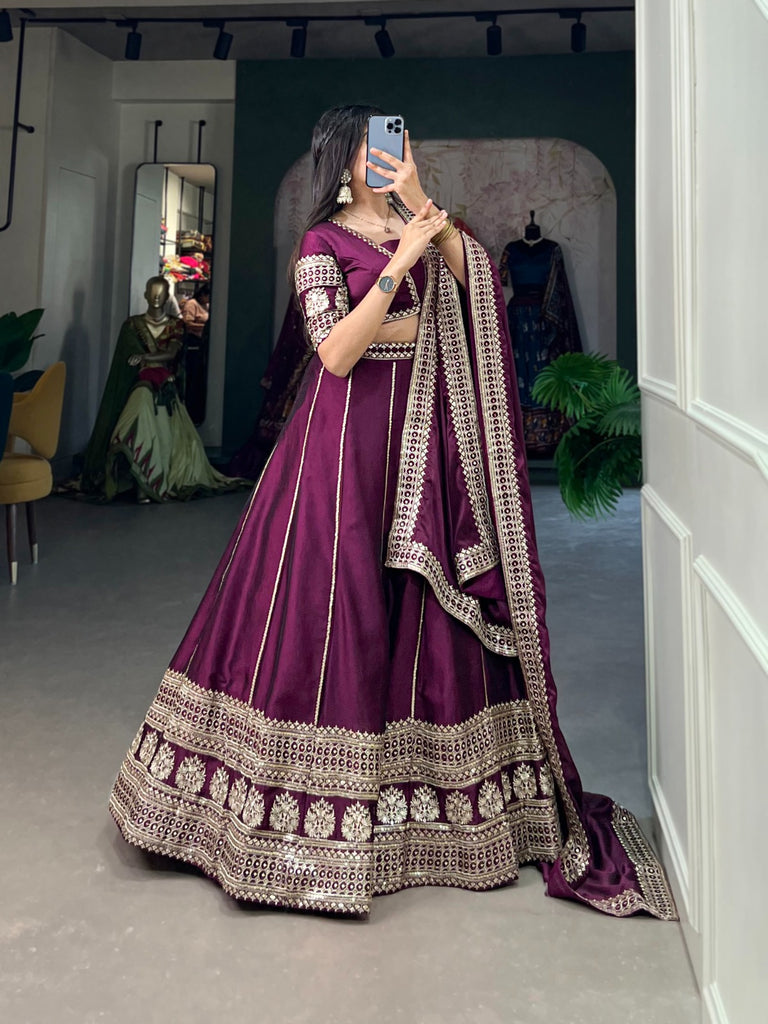 Exquisite Wine Rangoli Silk Sequin Embroidered Lehenga Choli ClothsVilla