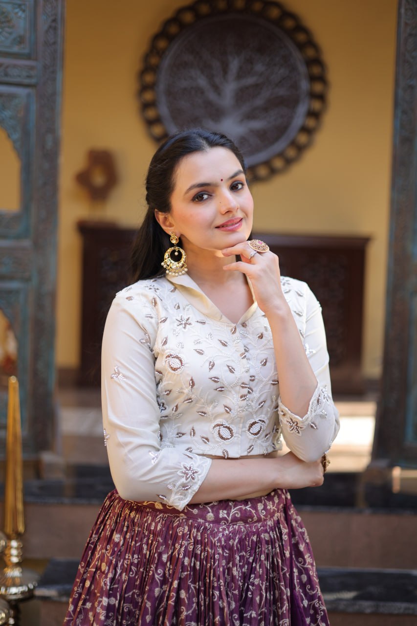 Wine Ready-to-Wear Jacquard Lehenga ClothsVilla