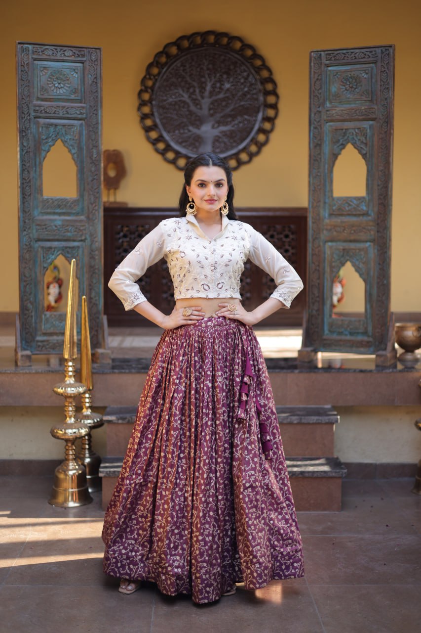 Wine Ready-to-Wear Jacquard Lehenga ClothsVilla