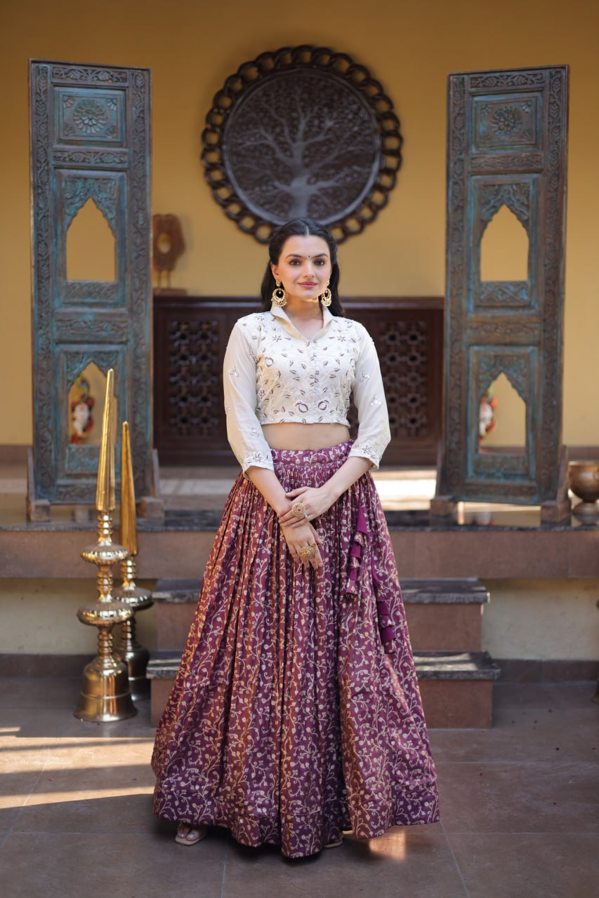 Wine Ready-to-Wear Jacquard Lehenga ClothsVilla