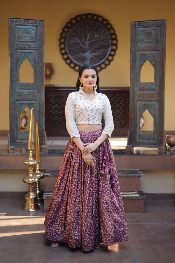 Wine Ready-to-Wear Jacquard Lehenga ClothsVilla
