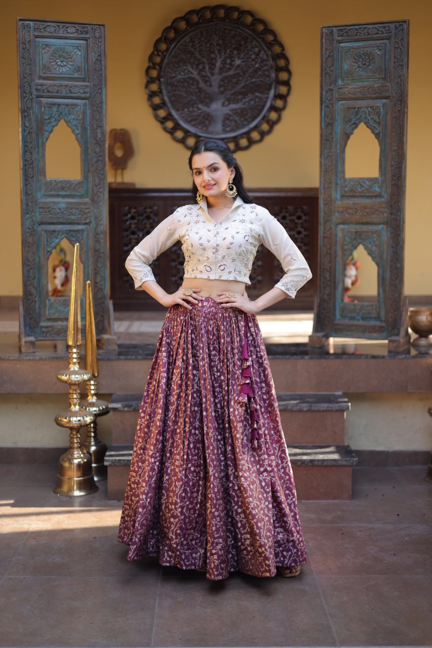 Wine Ready-to-Wear Jacquard Lehenga ClothsVilla