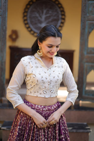 Wine Ready-to-Wear Jacquard Lehenga ClothsVilla