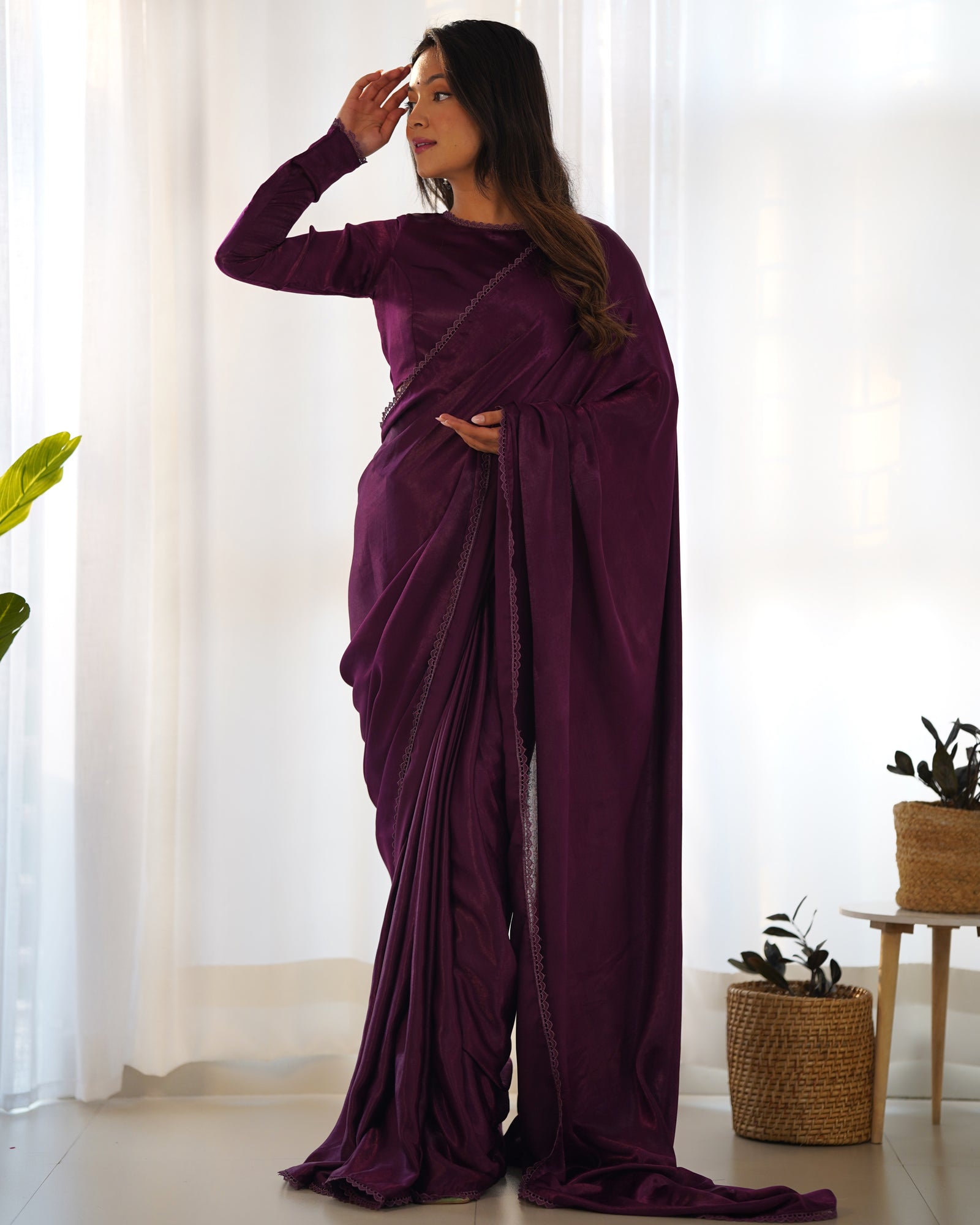 Wine Ready-to-Wear Premium Marble Velvet Saree with Full-Stitched Blouse