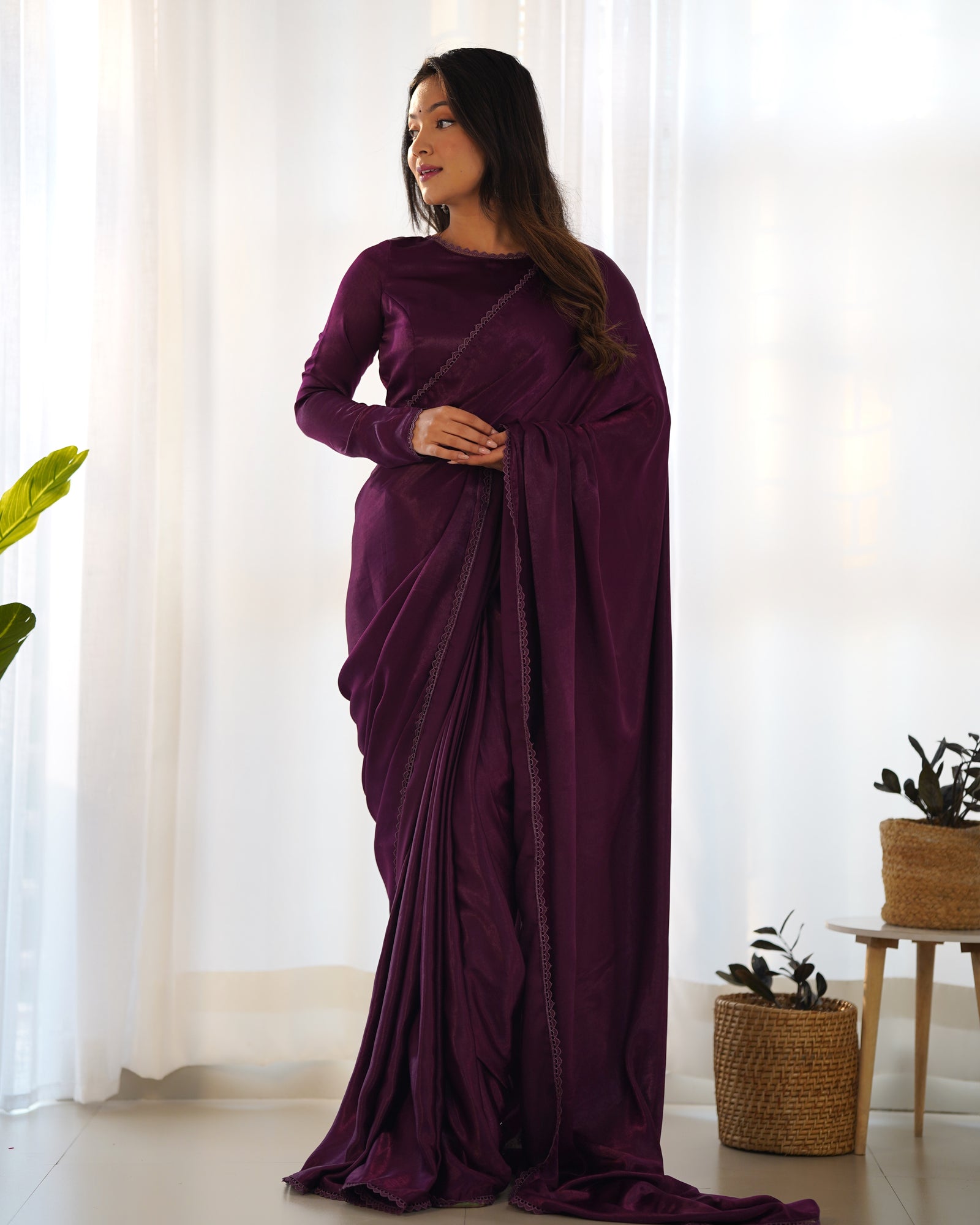 Wine Ready-to-Wear Premium Marble Velvet Saree with Full-Stitched Blouse