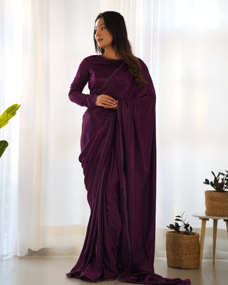 Wine Ready-to-Wear Premium Marble Velvet Saree with Full-Stitched Blouse