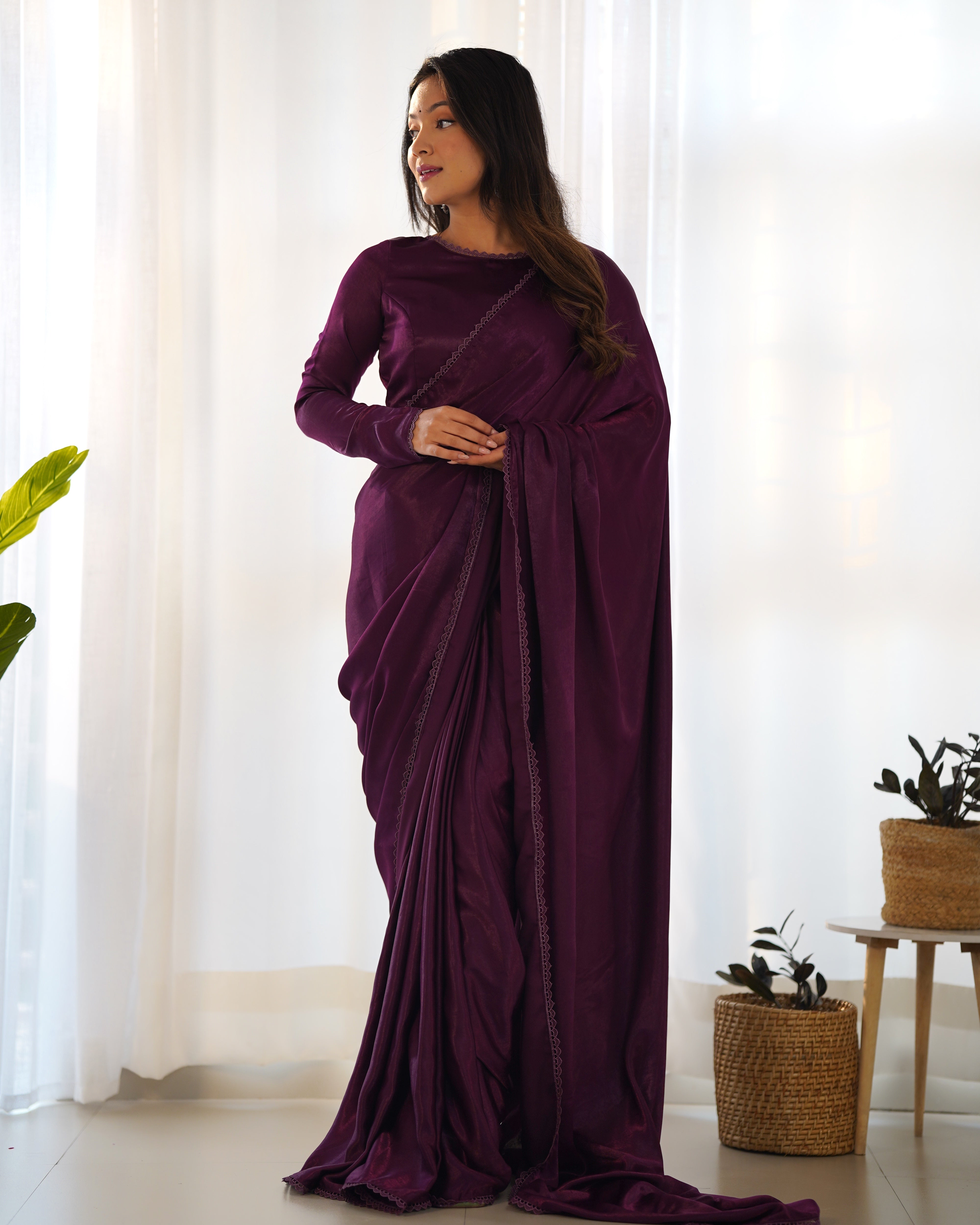 Wine Ready-to-Wear Premium Marble Velvet Saree with Full-Stitched Blouse Main image