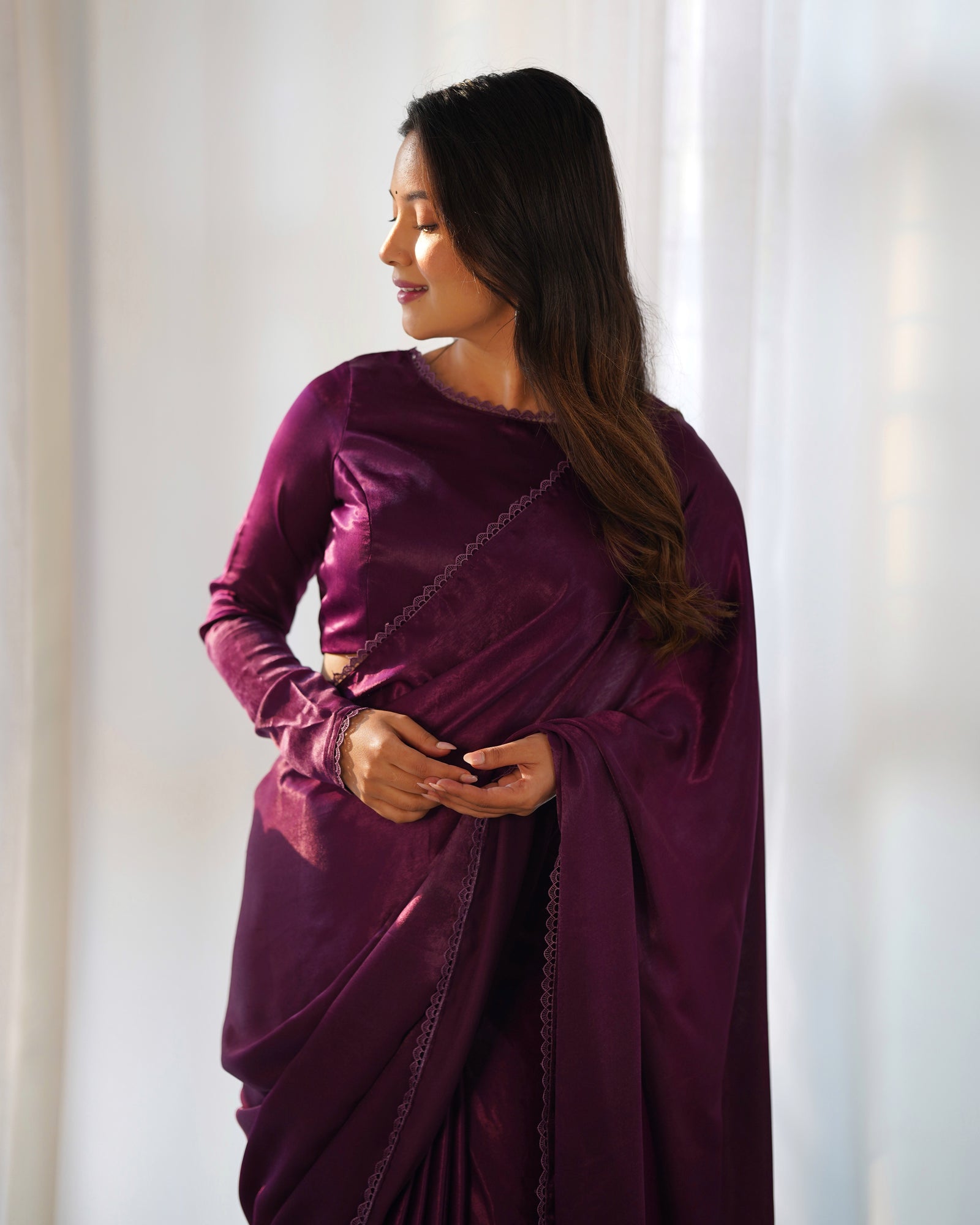 Wine Ready-to-Wear Premium Marble Velvet Saree with Full-Stitched Blouse