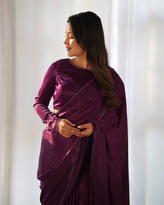Wine Ready-to-Wear Premium Marble Velvet Saree with Full-Stitched Blouse
