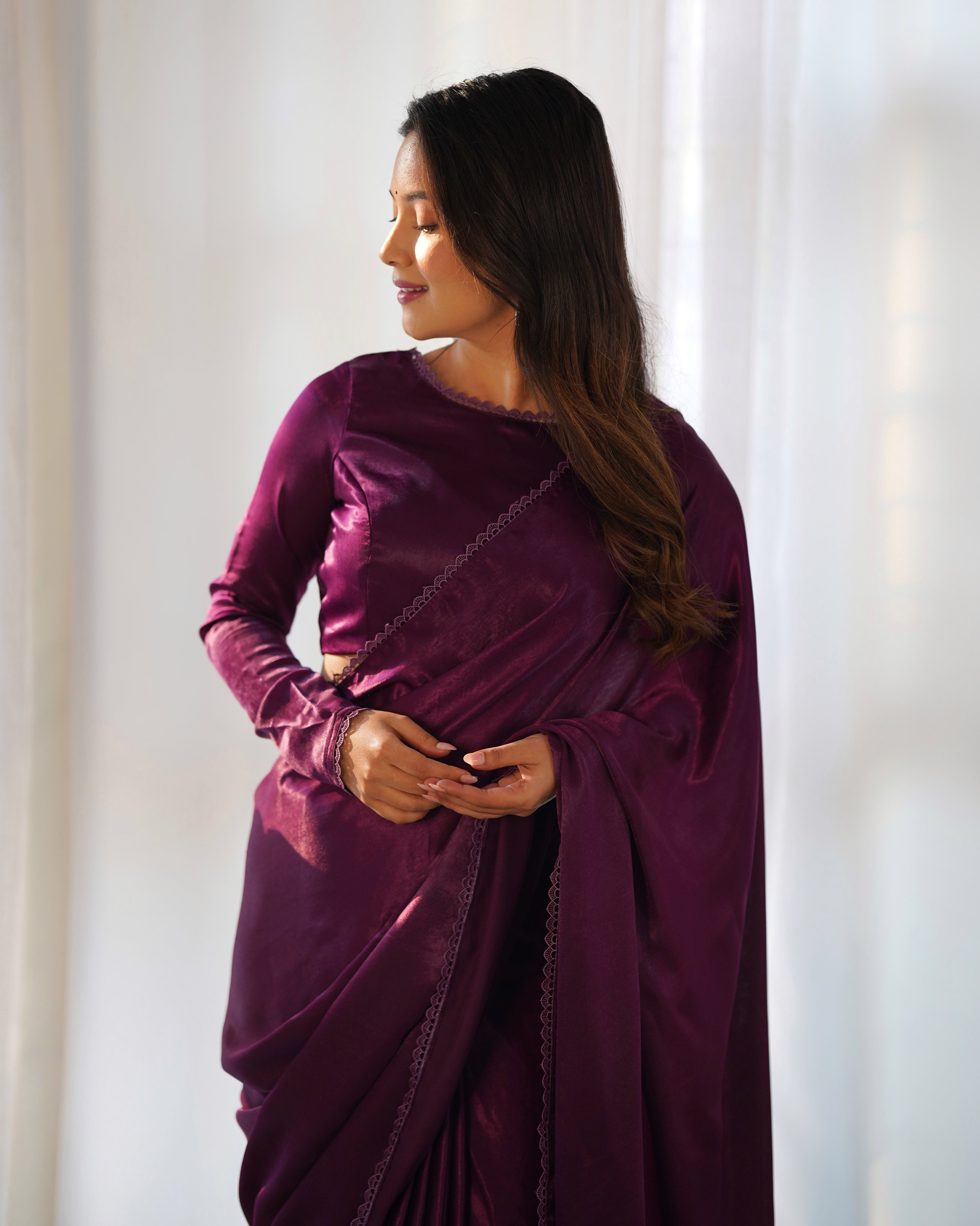 Wine Ready-to-Wear Premium Marble Velvet Saree with Full-Stitched Blouse