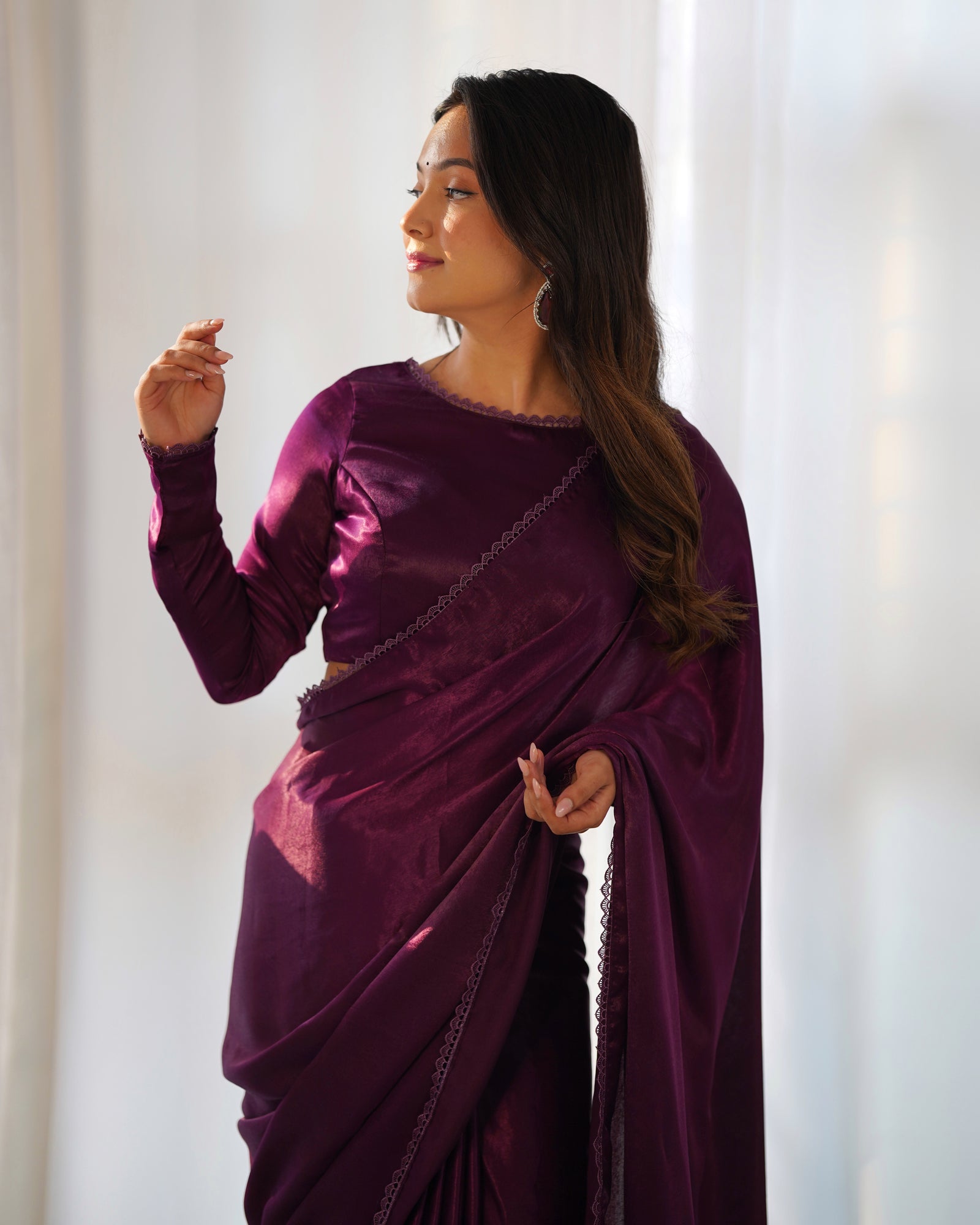 Wine Ready-to-Wear Premium Marble Velvet Saree with Full-Stitched Blouse