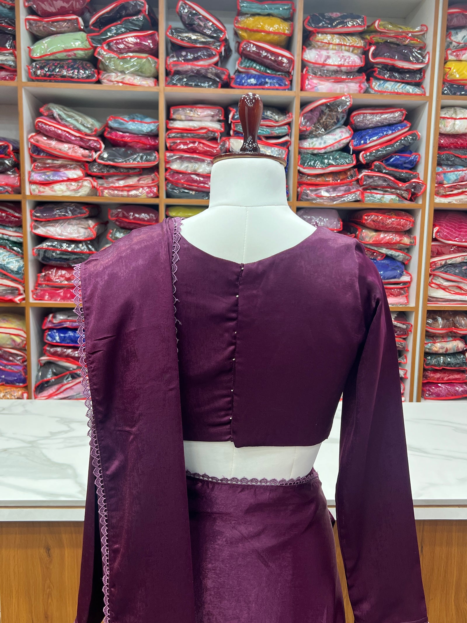 Wine Ready-to-Wear Premium Marble Velvet Saree with Full-Stitched Blouse