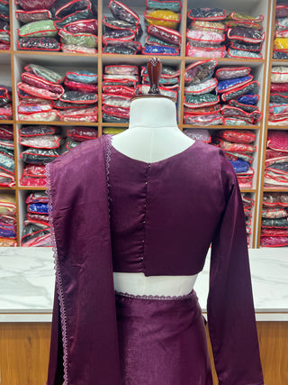 Wine Ready-to-Wear Premium Marble Velvet Saree with Full-Stitched Blouse