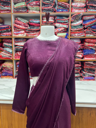 Wine Ready-to-Wear Premium Marble Velvet Saree with Full-Stitched Blouse