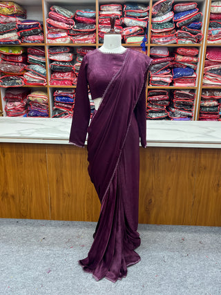 Wine Ready-to-Wear Premium Marble Velvet Saree with Full-Stitched Blouse