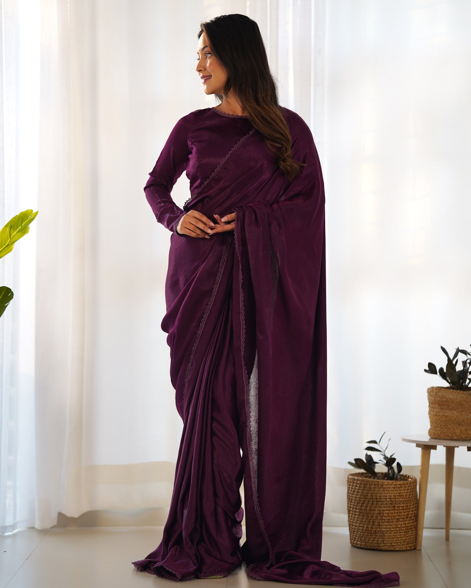 Wine Ready-to-Wear Premium Marble Velvet Saree with Full-Stitched Blouse