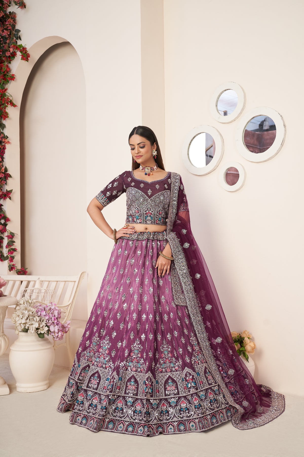 Wine Red Embroidered Lehenga Choli Set - Perfect for Parties ClothsVilla Main image