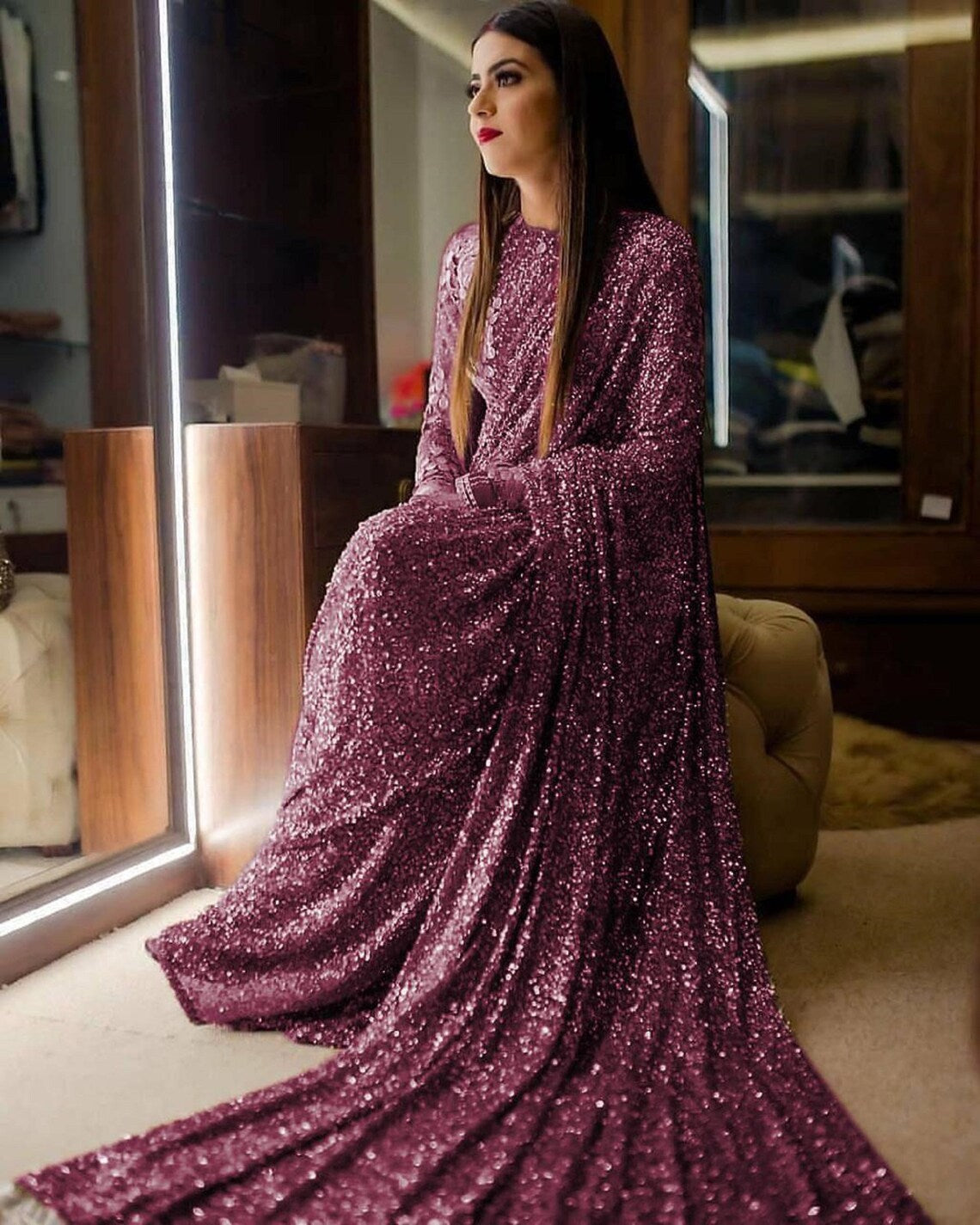 Wine Red Shimmer Sequence Saree ClothsVilla