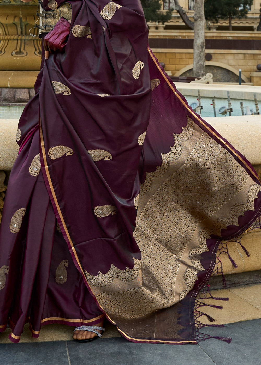 Wine Regal Banarasi Satin Silk Saree – Timeless Elegance ClothsVilla