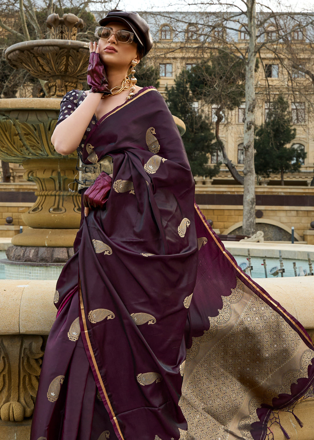 Wine Regal Banarasi Satin Silk Saree – Timeless Elegance ClothsVilla