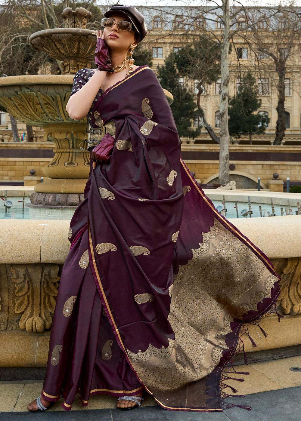 Wine Regal Banarasi Satin Silk Saree – Timeless Elegance Secondary image