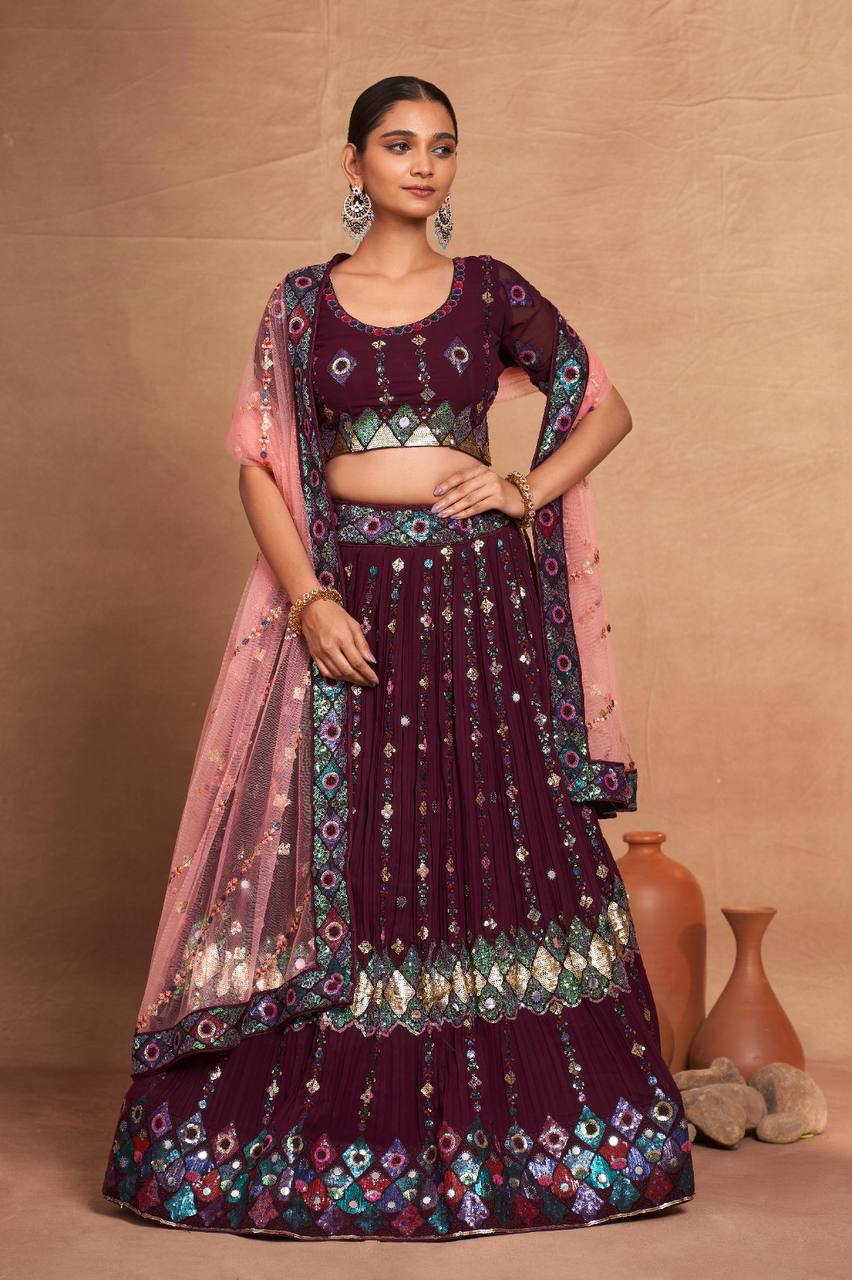Wine Regal Embroidered Georgette Lehenga Set – A Perfect Blend of Grace & Glamour ClothsVilla