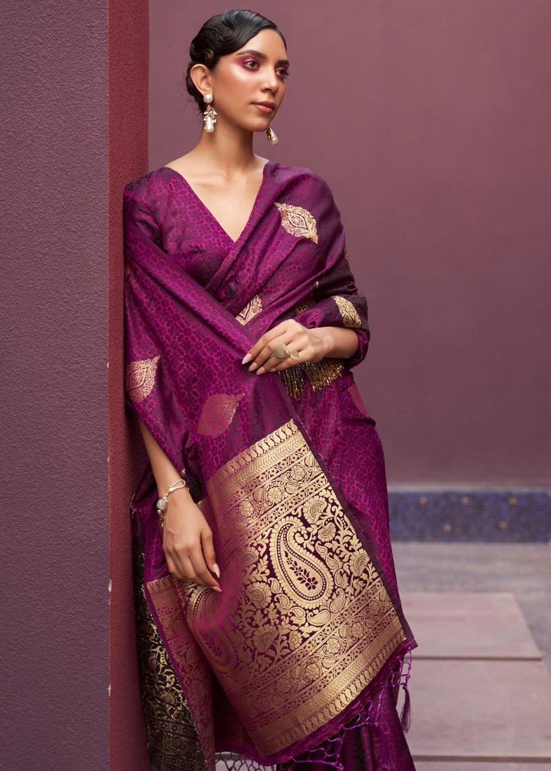 Wine Regal Woven Pure Silk Banarasi Saree Secondary image