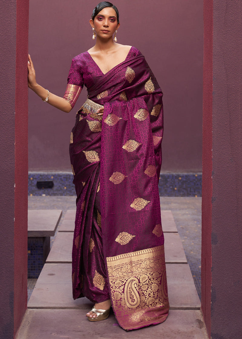Wine Regal Woven Pure Silk Banarasi Saree ClothsVilla