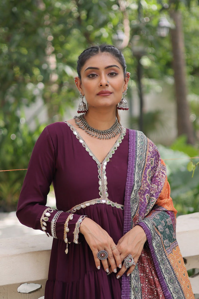 Wine Roman Fabric Frill-Stitched Gown with Maslin Crochet Dupatta ClothsVilla