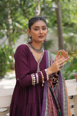 Wine Roman Fabric Frill-Stitched Gown with Maslin Crochet Dupatta ClothsVilla
