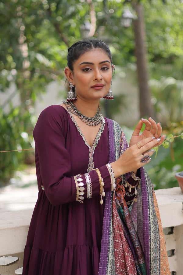 Wine Roman Fabric Frill-Stitched Gown with Maslin Crochet Dupatta ClothsVilla