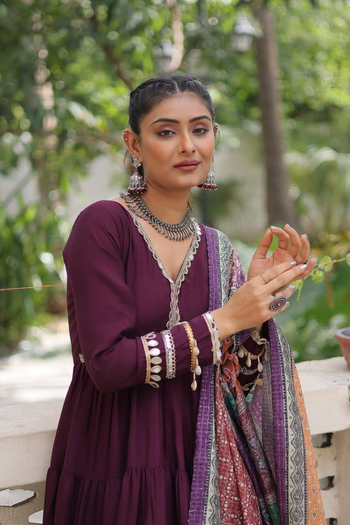 Wine Roman Fabric Frill-Stitched Gown with Maslin Crochet Dupatta ClothsVilla