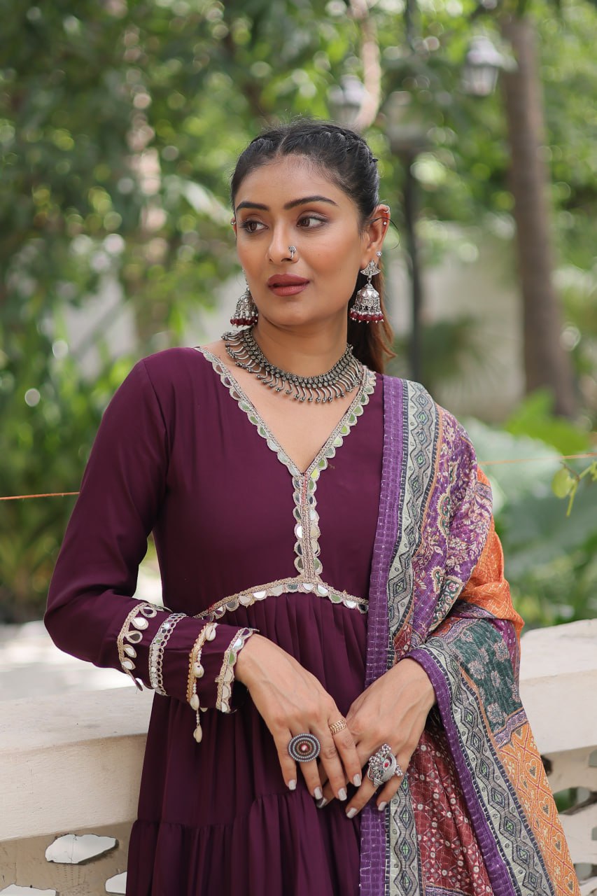 Wine Roman Fabric Frill-Stitched Gown with Maslin Crochet Dupatta ClothsVilla