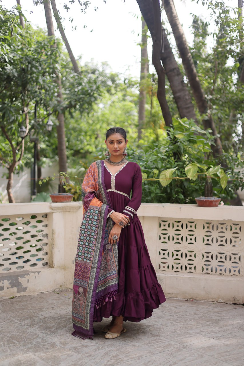 Wine Roman Fabric Frill-Stitched Gown with Maslin Crochet Dupatta ClothsVilla