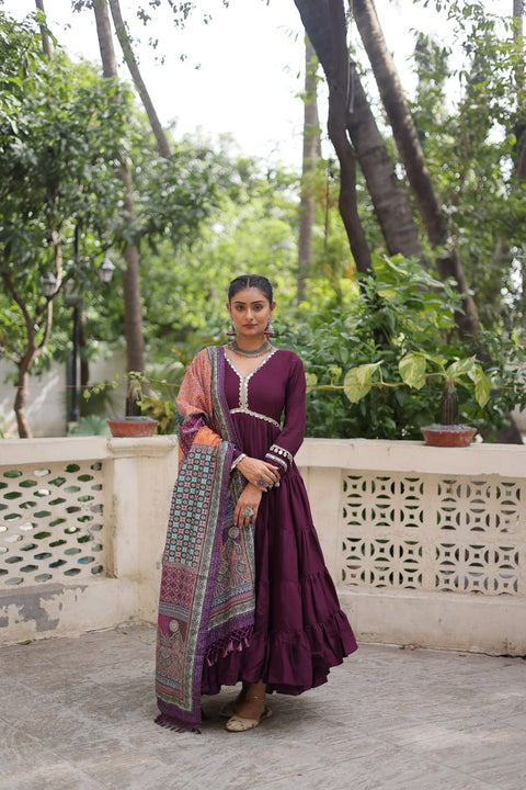 Wine Roman Fabric Frill-Stitched Gown with Maslin Crochet Dupatta ClothsVilla Main image