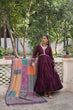 Load image into Gallery viewer, Wine Roman Fabric Frill-Stitched Gown with Maslin Crochet Dupatta ClothsVilla