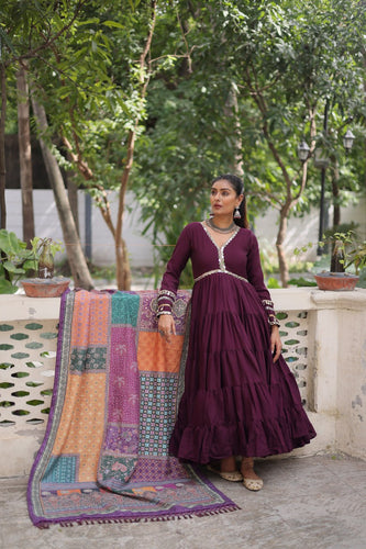 Wine Roman Fabric Frill-Stitched Gown with Maslin Crochet Dupatta ClothsVilla