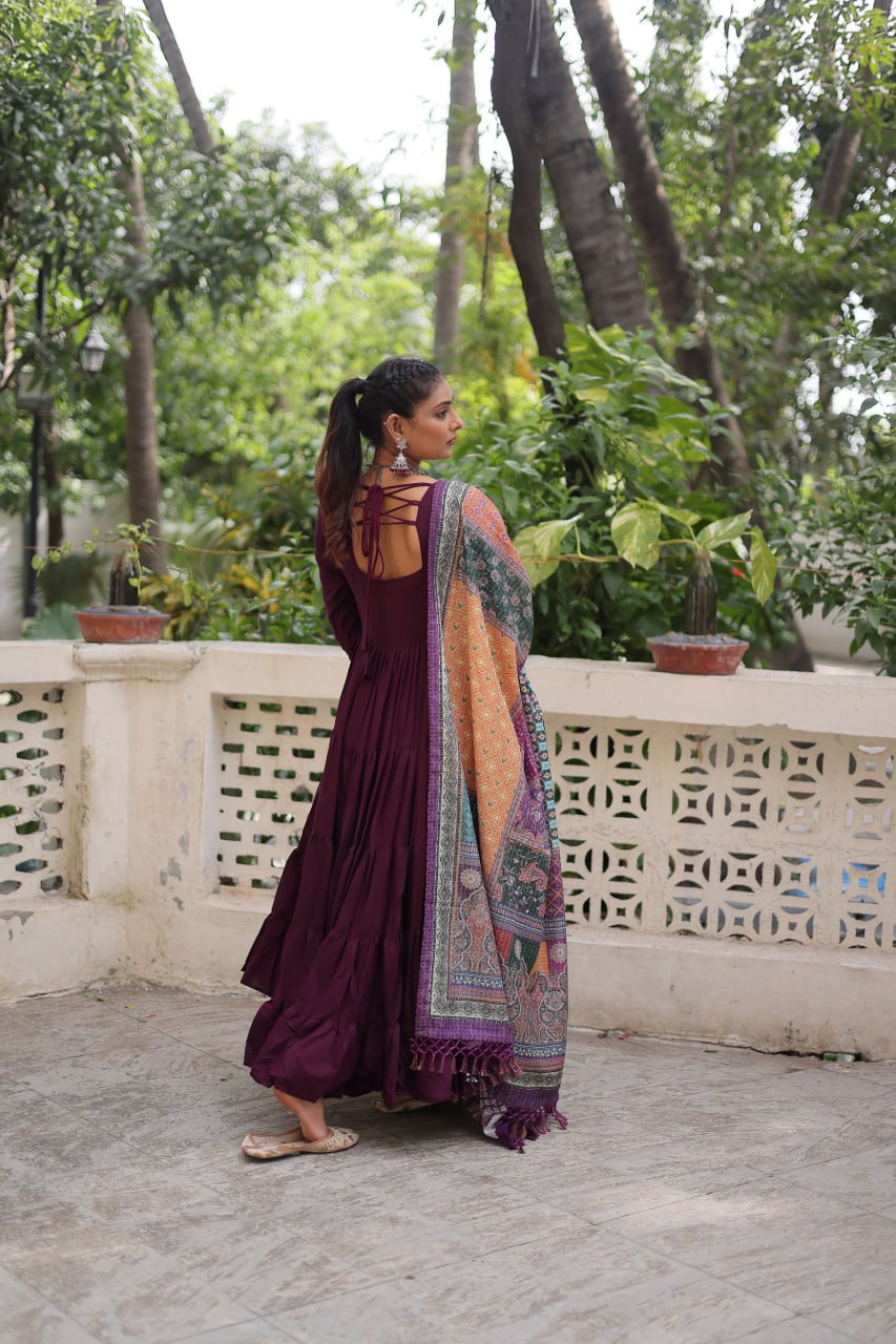 Wine Roman Fabric Frill-Stitched Gown with Maslin Crochet Dupatta ClothsVilla