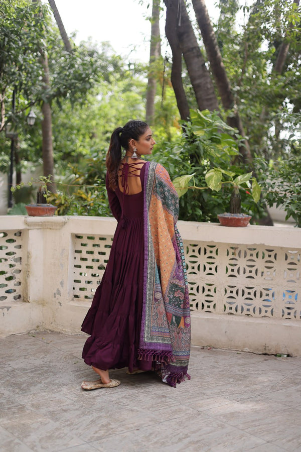 Wine Roman Fabric Frill-Stitched Gown with Maslin Crochet Dupatta ClothsVilla