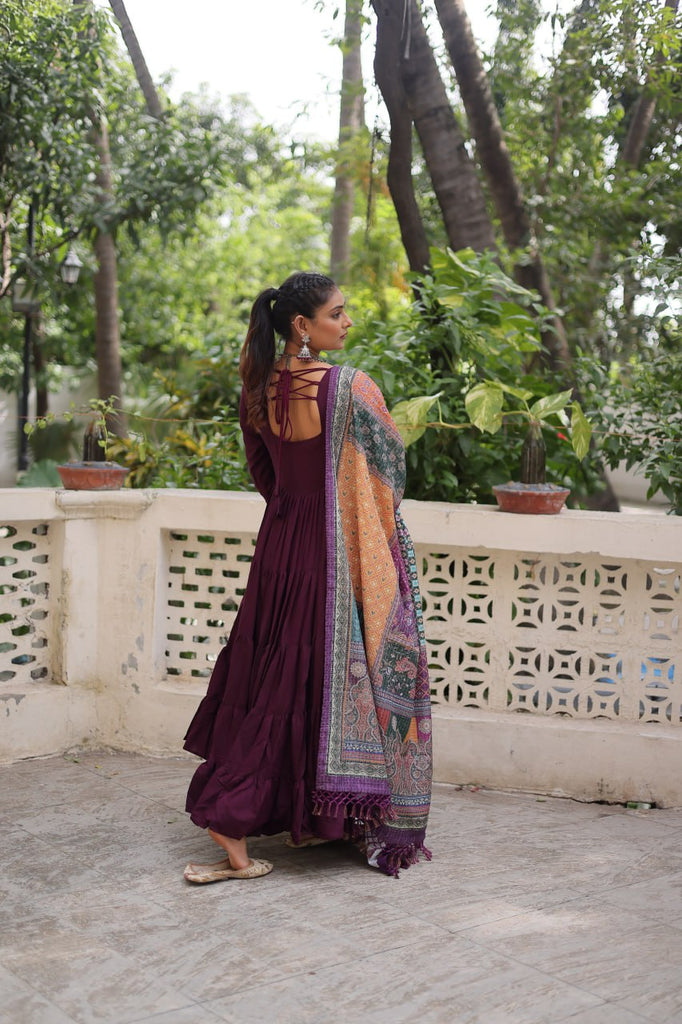 Wine Roman Fabric Frill-Stitched Gown with Maslin Crochet Dupatta ClothsVilla