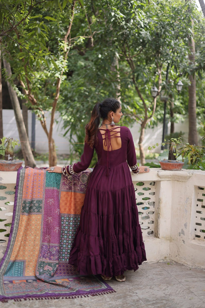 Wine Roman Fabric Frill-Stitched Gown with Maslin Crochet Dupatta ClothsVilla