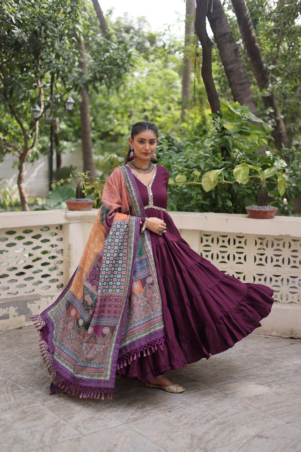 Wine Roman Fabric Frill-Stitched Gown with Maslin Crochet Dupatta ClothsVilla