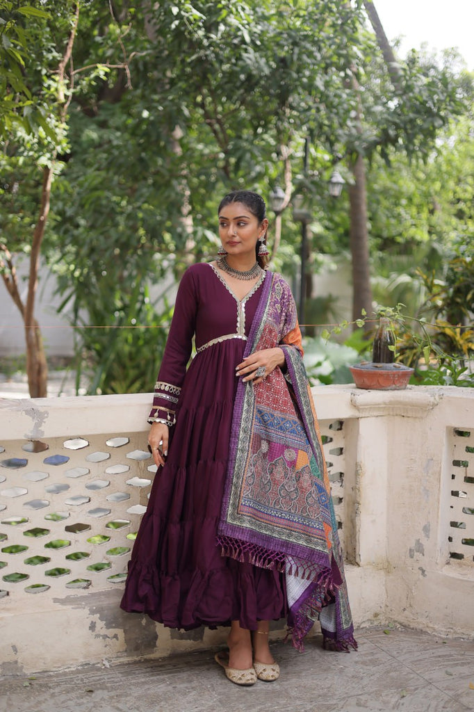 Wine Roman Fabric Frill-Stitched Gown with Maslin Crochet Dupatta ClothsVilla